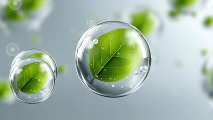 Poster - Green hydrogen infrastructure. Green leaf inside transparent bubble with water droplets floating soft blurred gray background, fresh nature concept with bright light reflection