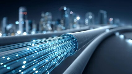 Poster - Green hydrogen infrastructure. Fiber optic cable glowing blue light strands transmitting data high speed transmission futuristic cityscape advanced technology connection modern