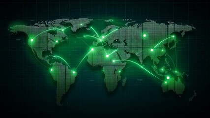 Poster - Green hydrogen infrastructure. Digital world map glowing green connection points lines showing global network communication data transfer across continents with seamless global