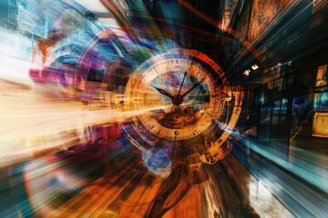 Poster - Spinning clocks in an abstract representation of time passing through vibrant colors and dynamic patterns, Clocks Spinning Time Passing Abstract Montage
