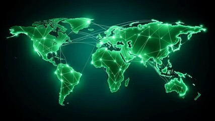 Poster - Green hydrogen infrastructure. Glowing green world map with global network connections and interconnected communication lines showing digital connection across continents
