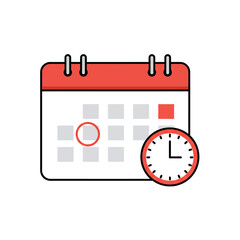 Poster - A modern flat design illustration of a calendar with a clock, symbolizing time management, scheduling, and important dates.
