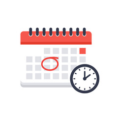 Poster - A flat design illustration shows a calendar with a marked date and a clock, representing time management and scheduling for business or personal use.