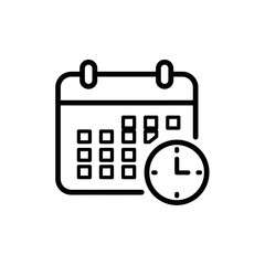 Poster - A minimalist black outline icon depicting a calendar page alongside a small clock, symbolizing time management and important appointments.