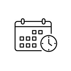 Poster - A clean black outline icon depicting a calendar and a clock, symbolizing important scheduling, time management, and event planning.
