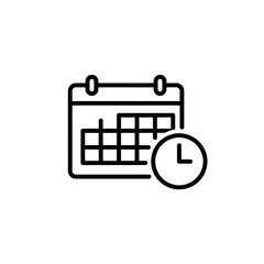 Poster - Simple black line art icon depicting a calendar with a clock, symbolizing scheduling, time management, or deadlines; ideal for websites, apps, or presentations needing a clean, modern design