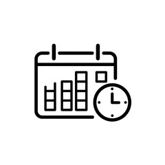 Poster - A black and white icon depicts a calendar with bar graphs and a clock, symbolizing time management, planning, and scheduling for business or personal use.