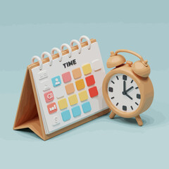 Poster - A 3D illustration of a calendar with colorful squares and an alarm clock, representing time management and scheduling.