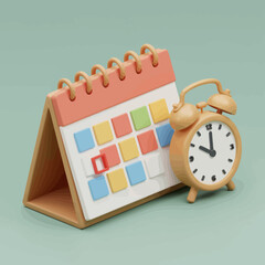 Poster - A charming 3D rendered desk calendar with a highlighted date stands next to a classic alarm clock, symbolizing important appointments and time management.