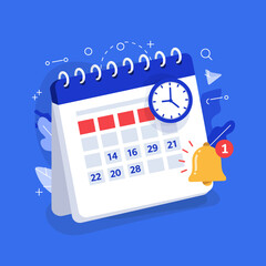 Poster - A vibrant flat design illustration of a calendar, clock, and notification bell, symbolizing important deadlines and event reminders.