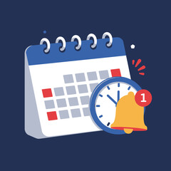 Poster - A vibrant flat illustration showcasing a desk calendar with a clock and notification bell, representing efficient time management and important event reminders.