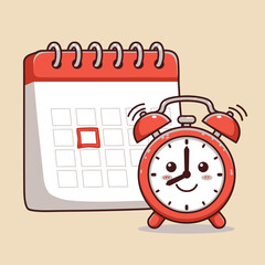 Poster - A cute cartoon red alarm clock with a happy face stands beside a calendar, symbolizing important dates and time management.