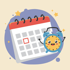 Poster - A cheerful cartoon alarm clock character stands next to a calendar, symbolizing time management and scheduling in a fun, engaging way.
