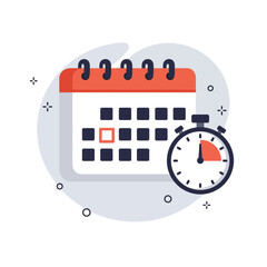 Poster - A modern flat illustration depicts a calendar with a highlighted date next to a stopwatch, symbolizing efficient time management and important deadlines.