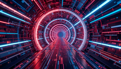Poster - A futuristic neon tunnel glows with vibrant red and blue lights, creating a striking visual for technology and science fiction themes.