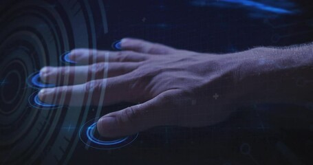 Poster - Tech pro hand entering UI, hovering and tapping holographic rings, generating code overlays
