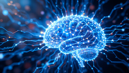 Poster - Glowing human brain illustration shows concept for artificial intelligence and neurological connections with vibrant blue neural networks.