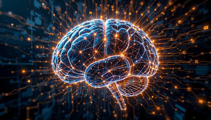 Poster - Glowing cerebral cortex with digital neural network, signifying artificial intelligence, technology, and brain power, perfect for science publications.