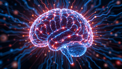 Poster - Futuristic brain illustration glows with blue and red energy, symbolizing artificial intelligence, neuroscience, and technology advancements.