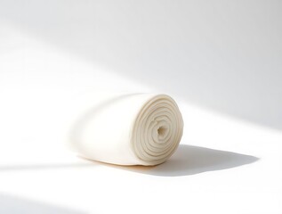 Poster - Minimalist roll of soft cream fabric casting shadow on bright white background