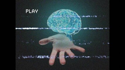 Poster - PLAY overlay with static thinning, hand rising and cyan brain hologram rotating amid glitching