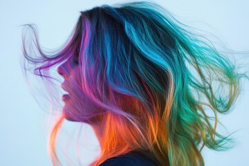 Poster - Colors transform as hair moves in vibrant display against a soft backdrop, Colors Change As Fan Shakes Hair