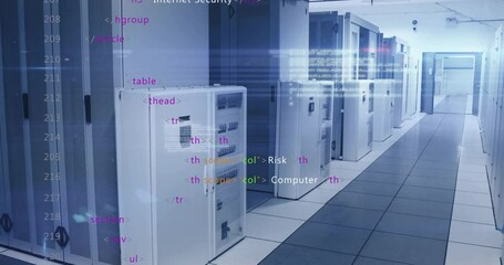 Poster - Glitches rippling with code overlay appearing camera panning server cabinets showing security links