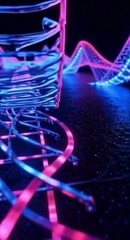 Aufkleber - Abstract Neon Structure with Waves and a Cube Illuminated in Pink and Blue Creating a Futuristic and Technological Ambiance on a Dark Background