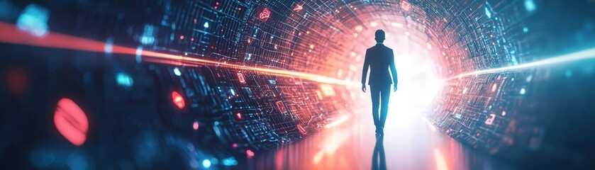 Poster - A silhouette walks through a glowing digital tunnel filled with circuit-like patterns and vibrant lights, symbolizing technology and futuristic data flow, AI pipeline network