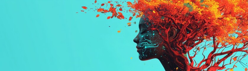 Poster - A digital artwork of a human profile filled with circuitry merging into a vibrant autumn tree, symbolizing the fusion of technology and nature, AI pipeline network