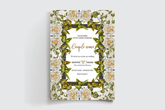WEDDING INVITATION FRAME WITH FLOWER DECORATIONS AND FRESH LEAVES