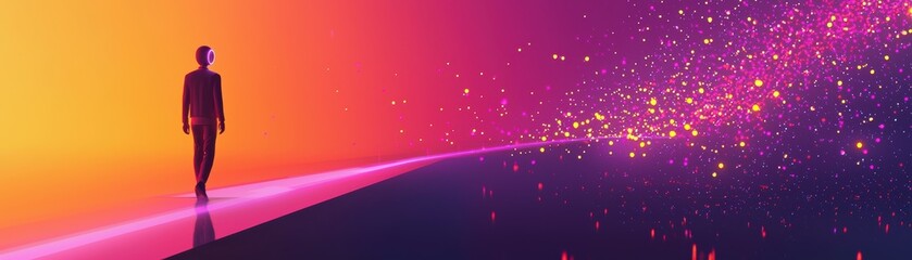 Poster - A person in a suit walks along a glowing path into a vibrant, abstract space filled with scattered particles and dynamic light effects, AI pipeline network