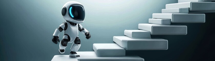 Poster - A small futuristic robot begins climbing a floating, illuminated staircase in a minimalistic, modern setting, AI pipeline network