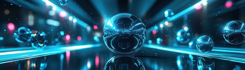 Poster - A futuristic corridor with reflective metallic spheres and neon blue lighting, creating a high-tech, sci-fi atmosphere, AI pipeline network