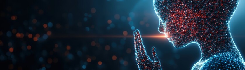 Poster - A digital human figure composed of interconnected nodes and lines, emitting light and appearing to contemplate or communicate with a glowing point of light, AI pipeline network