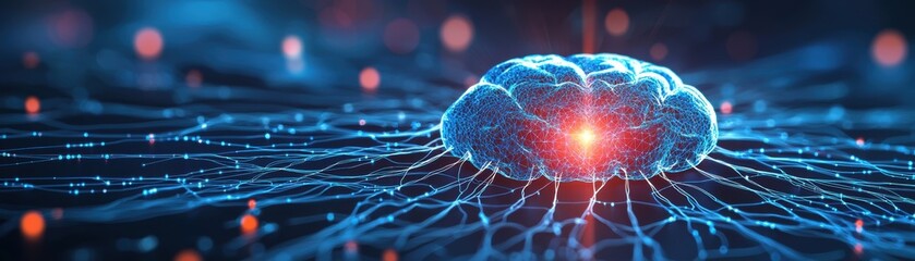 Poster - A digital brain illuminated with glowing neural connections symbolizes artificial intelligence and advanced technology in a futuristic network, AI pipeline network