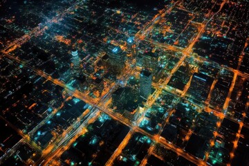Poster - Vibrant downtown Los Angeles skyline illuminated at night during March, March night aerial of Downtown Los Angeles, California, USA