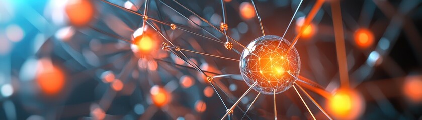Poster - Abstract digital illustration of a glowing network node connected by wires, symbolizing data flow or neural connections with vibrant orange and blue hues, AI pipeline network