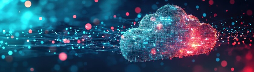 Poster - Digital cloud composed of glowing network connections and data points, symbolizing cloud computing and data transfer in a futuristic tech environment, AI pipeline network