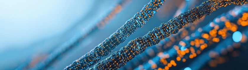 Poster - Close-up of fiber optic cables glowing with blue and orange lights, illustrating high-speed data transmission and modern telecommunications technology, AI pipeline network