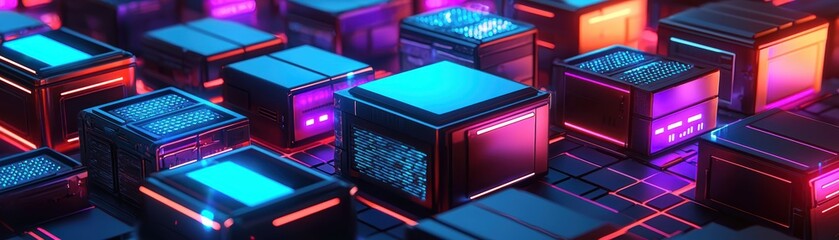 Poster - A futuristic cityscape of glowing, neon-lit cubic structures arranged in a grid with vibrant blue, purple, and orange hues, AI pipeline network