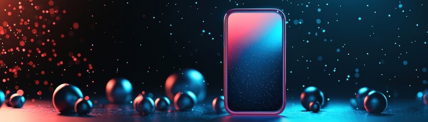 Poster - A futuristic smartphone glows with vibrant blue and pink lights, surrounded by metallic spheres on a dark, reflective surface with scattered glowing particles, AI pipeline network