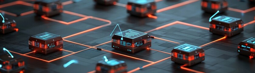 Poster - A futuristic digital circuit board with glowing interconnected nodes resembling miniature buildings connected by illuminated pathways, AI pipeline network