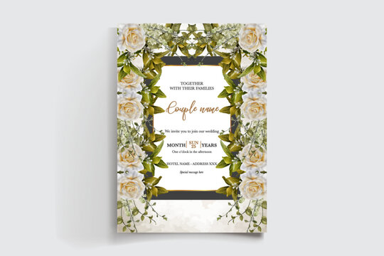 WEDDING INVITATION FRAME WITH FLOWER DECORATIONS AND FRESH LEAVES