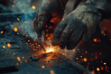 Poster - Closeup view of welding at a steel factory showcasing handwork and sparks flying, Welding process at the steel factory, closeup on hands