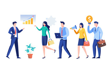 Poster - Diverse business team collaborating with growth chart laptop megaphone and money symbol representing success and teamwork