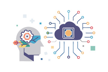 Poster - Abstract illustration of a human head with a gear symbolizing thought connected to a cloud computing network with a central processor