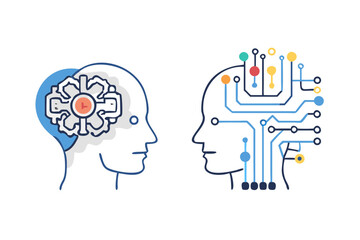 Poster - Conceptual illustration of human intelligence versus artificial intelligence with gears and circuit board elements within head profiles