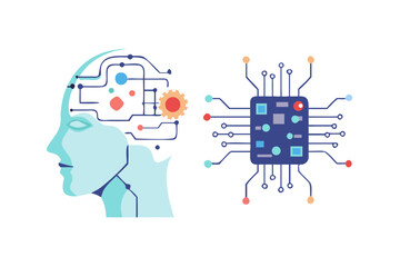 Poster - Artificial intelligence concept with a human head profile connected to a computer chip and circuitry symbolizing neural networks and data processing