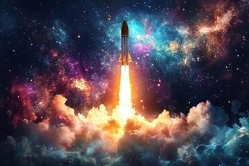 Poster - Rocket launching into a vibrant galaxy filled with colorful stars and cosmic gases, rocket launch on space galaxy background Photo in